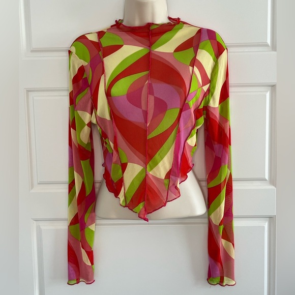 Y2K Pucci Inspired Sheer Mesh Vibrant Psychedelic Print Top Shirt Crop Size M - Picture 1 of 14